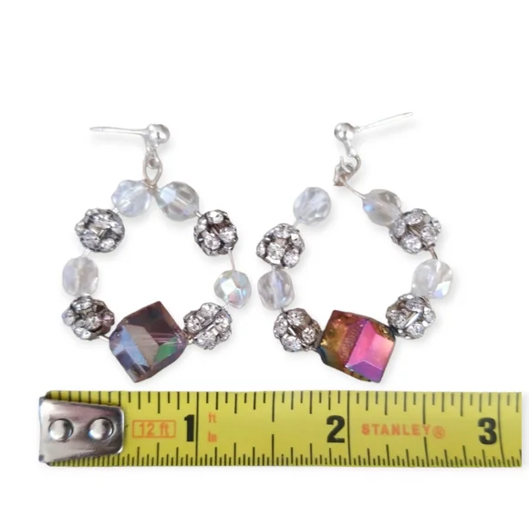 NWT Handcrafted AB Crystal and Rhinestone Hoop Style Pierced Earrings - Picture 5 of 6